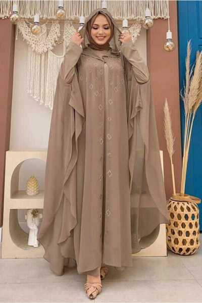 TRENDTESETTÜR Two-Piece Abaya Set with Dark Beige Stone Embroidery