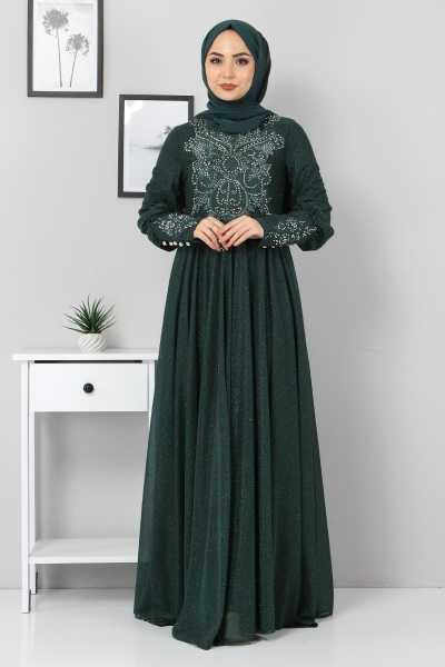 ModaMihram Dress with Lace Details and Stone Embroidery on the Chest and Hands in Dark Emerald