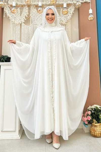 Abaya and salham set from Beam Fashion, decorated with ruffles, in ivory white