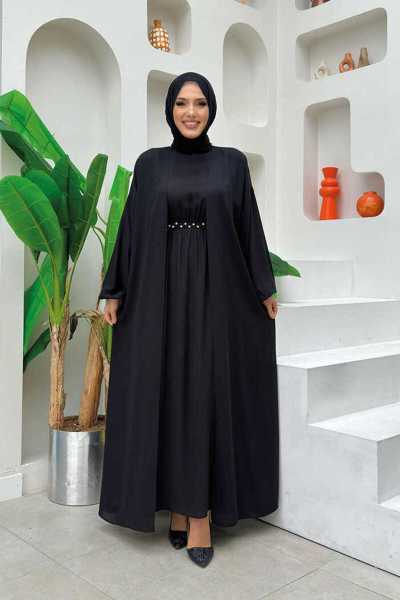 Bym Fashion Bel Bilek Kısımları Taşlı Elbiseli Abaya Takım 8490 Siyah