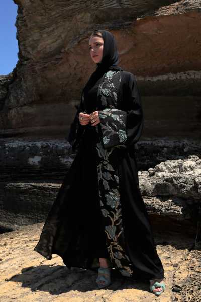 Nuum Design Brokar Garnili Abaya Siyah & Şal NMRMYZ2104